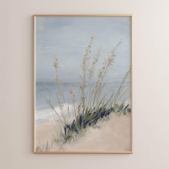 Printed Sea Oats Coastal Dune Landscape Art Rustic Beach Painting Neutral Shoreline Wall Decor Vintage Farmhouse Print P457