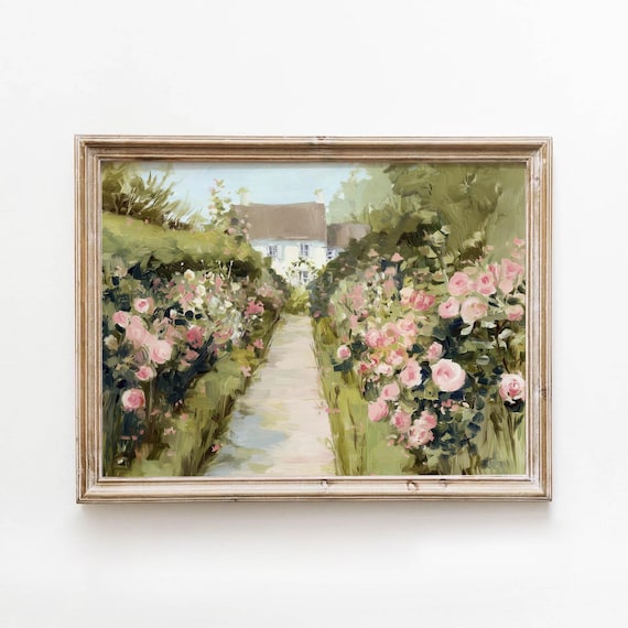 Cottage Garden Path With Muted Pink Roses Vintage Oil Painting Poster