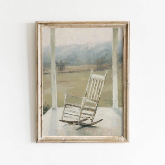 Vintage White Porch Chair Printable Rural Landscape Wall Art Farmhouse Decor Muted Green Painting Digital Download 558
