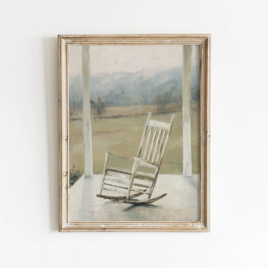 White Rocking Chair on Porch Muted Rural Landscape Painting Print