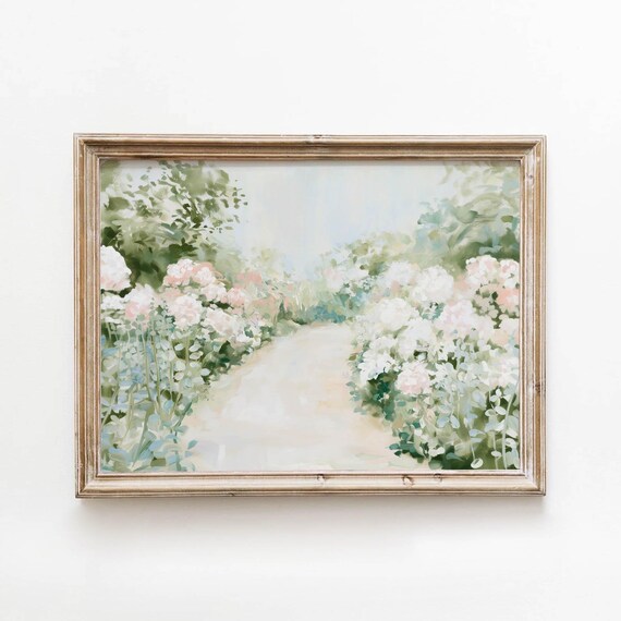 Muted Pink Hydrangea Garden Path Printable Romantic Cottage Wall Art Vintage Botanical Decor Soft Landscape Digital Download 694