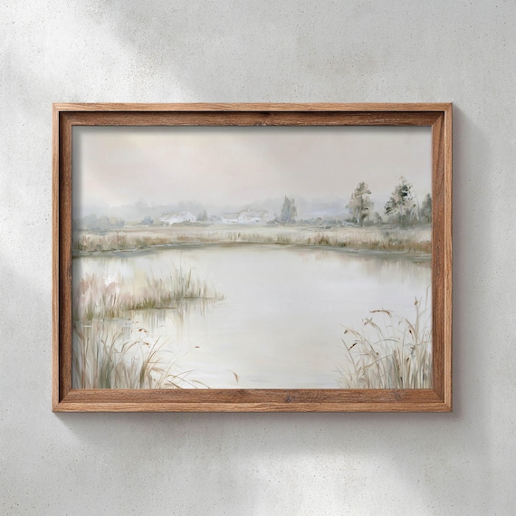Printed Calm Pond Landscape Painting Rustic Marsh Art Neutral Earthy Tones Vintage Farmhouse Wall Decor Serene Nature Poster P755