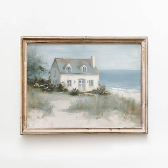 Printable Coastal Cottage Among Sand Dunes Wall Art Vintage Beach Landscape Painting Serene Seaside Decor Digital Download Print 732