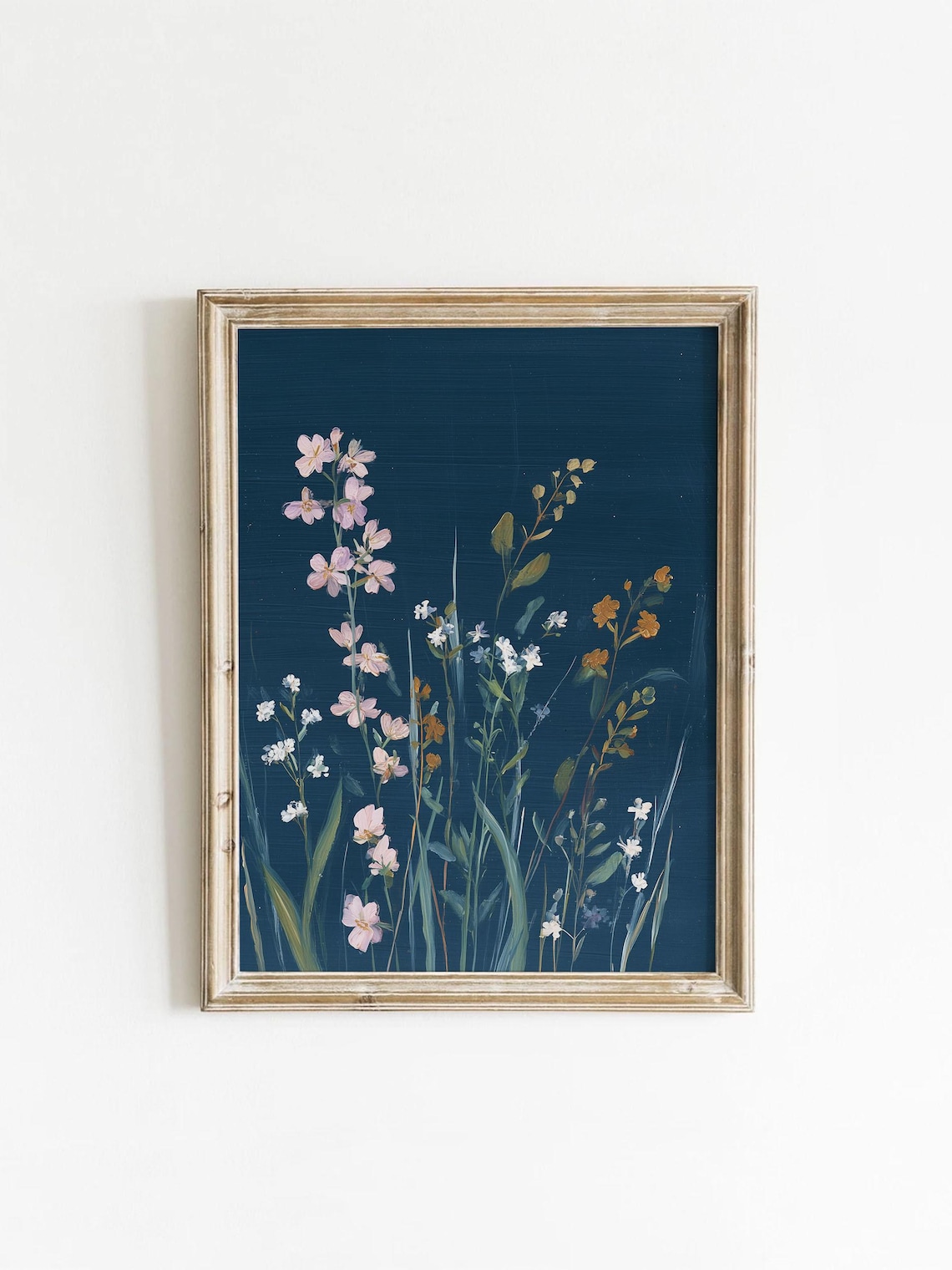 Moody Wildflower Bouquet Navy Background Pink Gold Cottagecore Wall Art