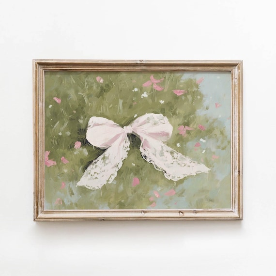 Romantic Pink Ribbon Bow Pastel Green Floral Wall Art Horizontal