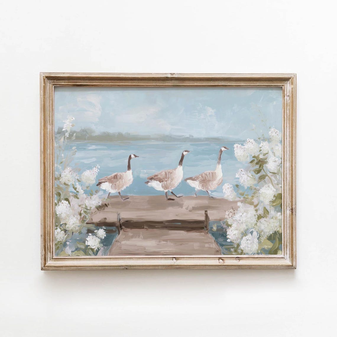 Canada Geese Dock Poster Lakeside Blossom Soft Coastal Painting