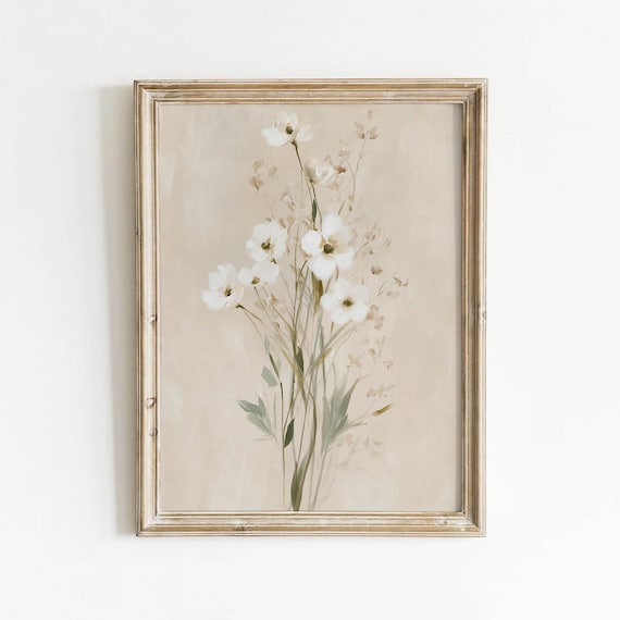 Cream Wildflower Bouquet Muted Neutral Botanical Vintage Poster
