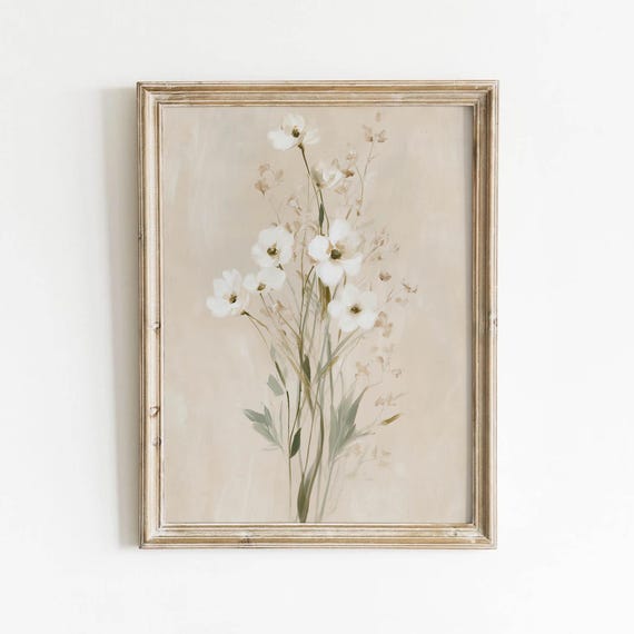 Cream Wildflower Bouquet Printable Muted Neutral Botanical Wall Art Vintage Cottagecore Decor Beige Stems Digital Download 474