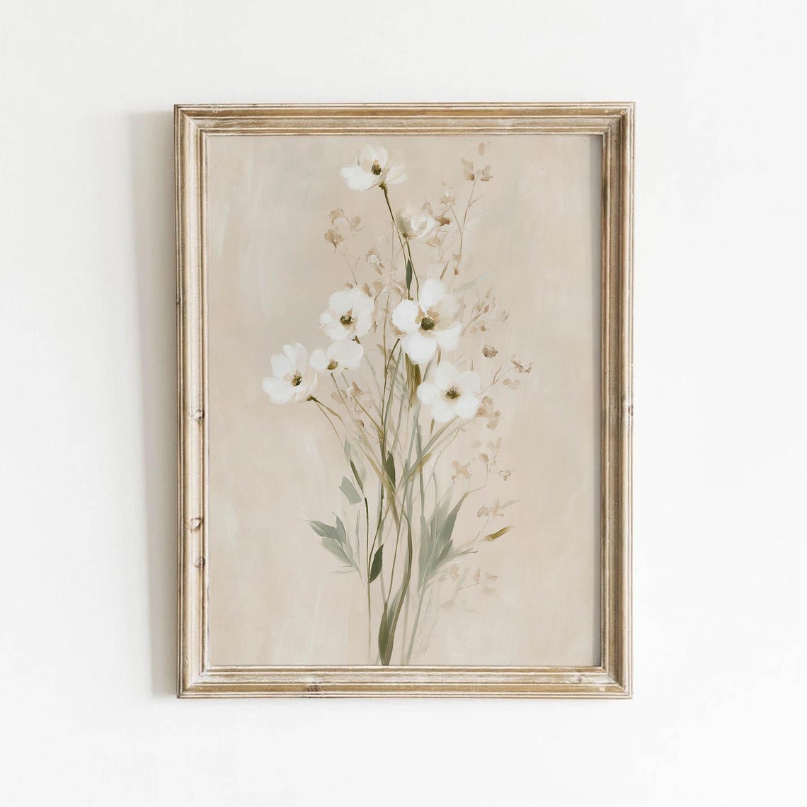 Cream Wildflower Bouquet Muted Neutral Botanical Vintage Poster