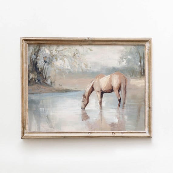 Vintage Tan Horse River Printable Rustic Neutral Wall Art Farmhouse Landscape Decor Digital Download 534