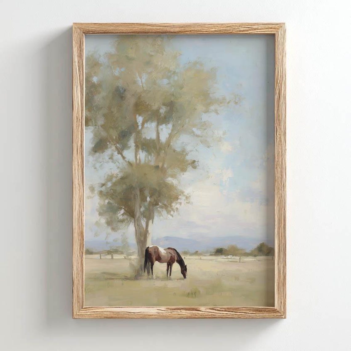 Horse Grazing Under Shade Tree Vintage Countryside Painting Poster