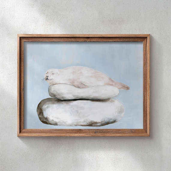 Printed Baby Seal Resting On Rocks Soft Neutral Animal Art Calm Coastal Wildlife Painting Serene Nursery Wall Decor Muted Palette 0690