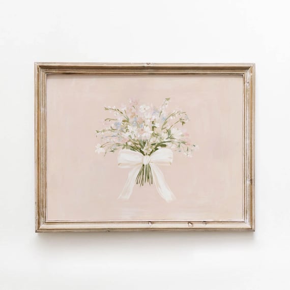 Delicate Wildflower Bouquet White Bow Blush Pink Vintage Floral Wall Art