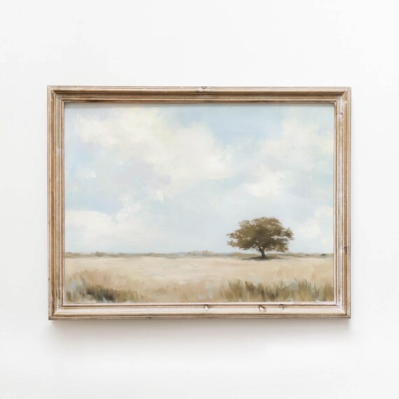 Lone Oak Tree Golden Prairie Neutral Vintage Landscape Wall Art