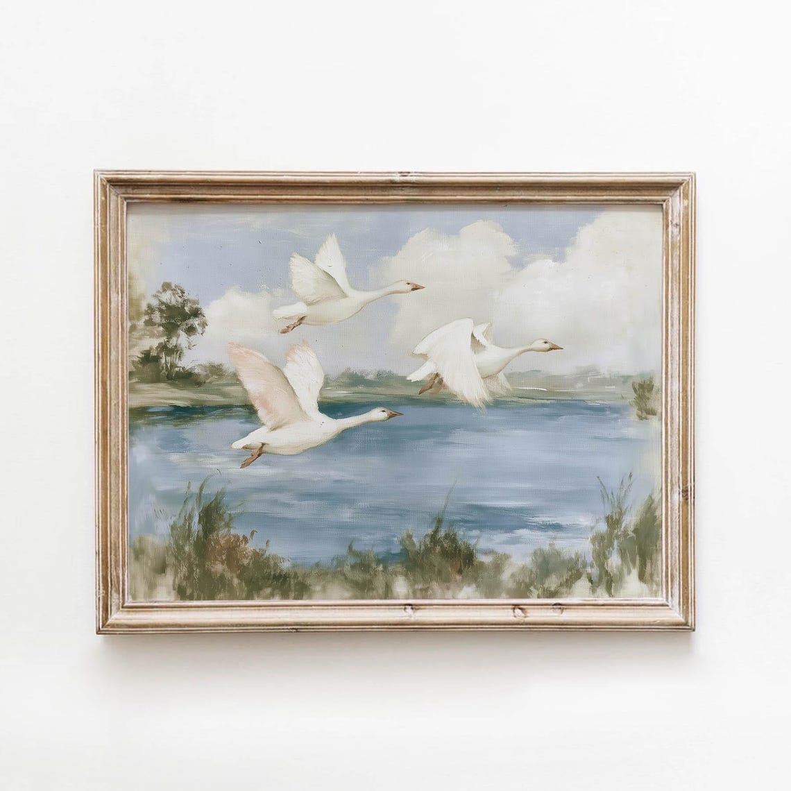 Three White Swans Flying Over Blue Lake Pastel Painting Poster