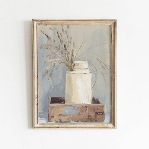 Cream Ceramic Jug Dried Grasses Printable Rustic Still Life Wall Art Muted Neutral Farmhouse Decor Vintage Cottage Painting Download 563
