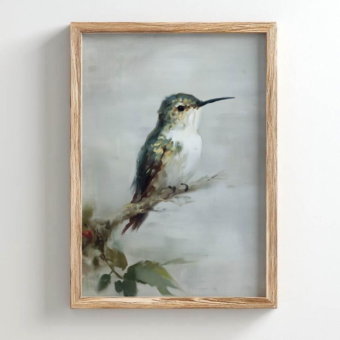 Hummingbird On Branch Muted Tones Soft Bird Painting Wall Art