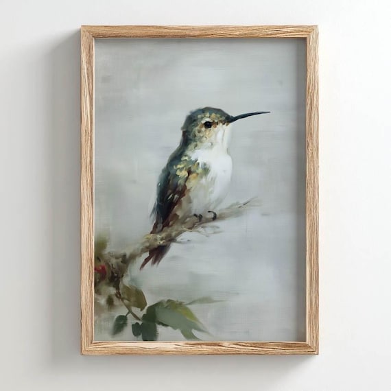 Hummingbird On Branch Poster Print Soft Neutral Tones Cottagecore Botanical Aesthetic Traditional Painting Calming Bedroom Art P396