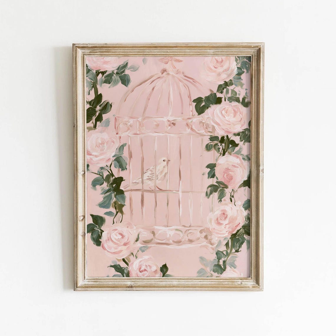 Pink Birdcage With Roses Romantic Floral Cottage Nursery Wall Art