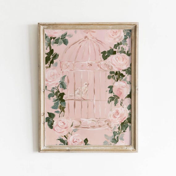 Pink Birdcage Printable Romantic Floral Wall Art Rose Garden Decor Cottage Nursery Blush Download 659