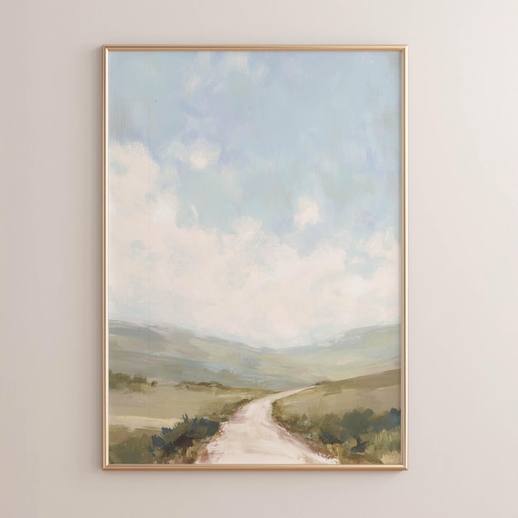 Printed Winding Dirt Road Valley Landscape Muted Sage Green Taupe Blue Rustic Countryside Scene Oil Painting Style Poster Print 0564