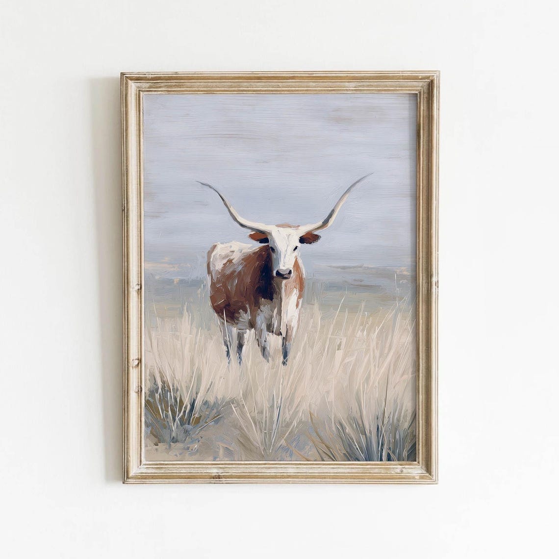 Texas Longhorn Cow Portrait Rustic Prairie Grass Farmhouse Print