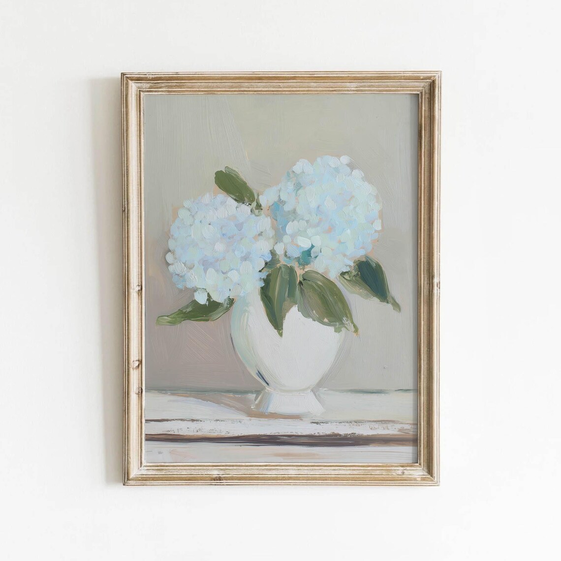 Pale Blue Hydrangeas In White Vase Art Print