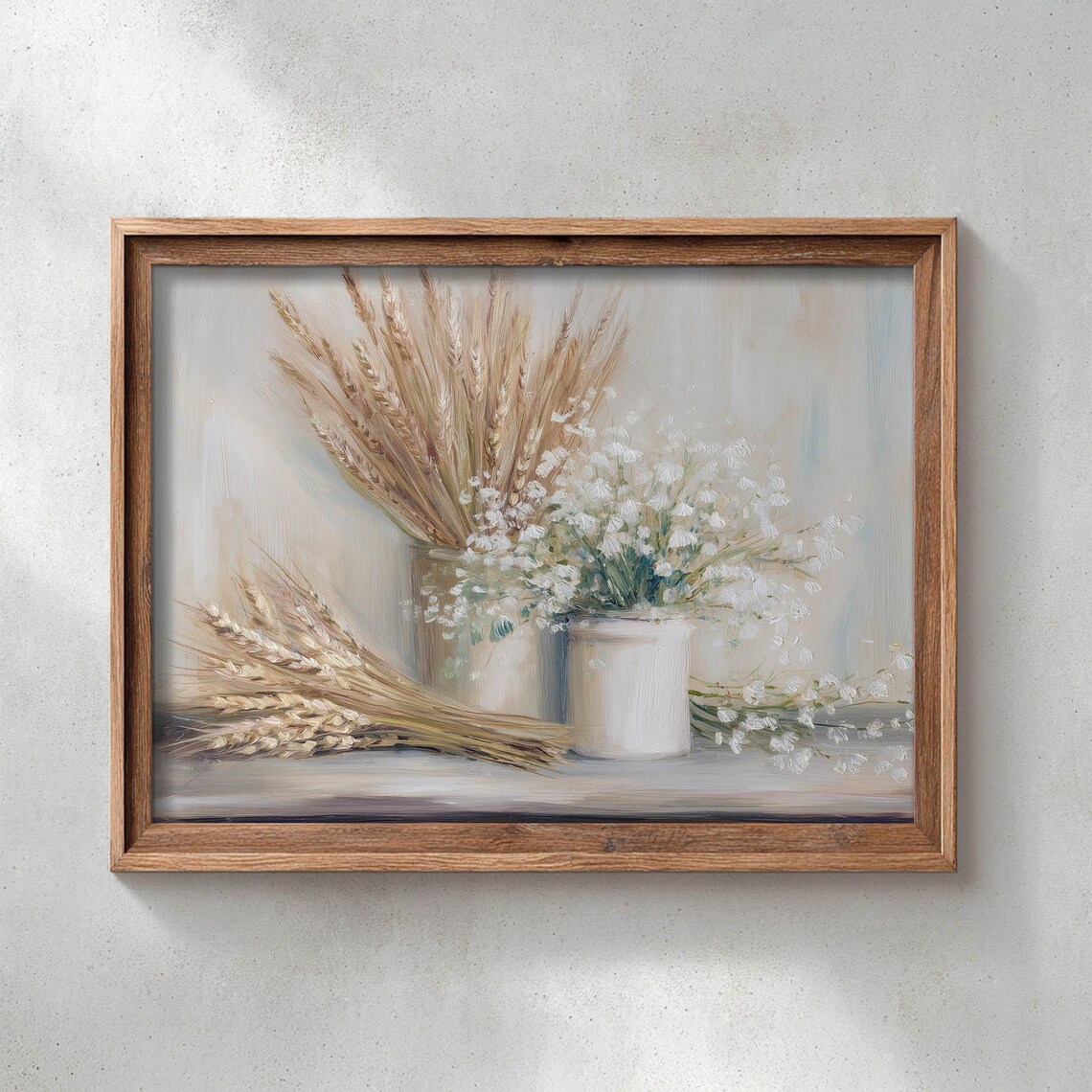 Printed Wheat Stems and White Wildflowers, Still Life Art Print