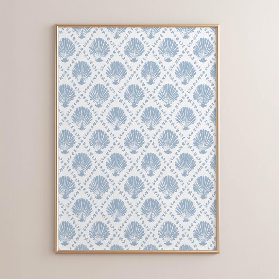 Nautical Seashell Poster Print Muted Blue Cottagecore Art Vintage Coastal Beach Decor Leafy Seaweed Pattern Wall P122a