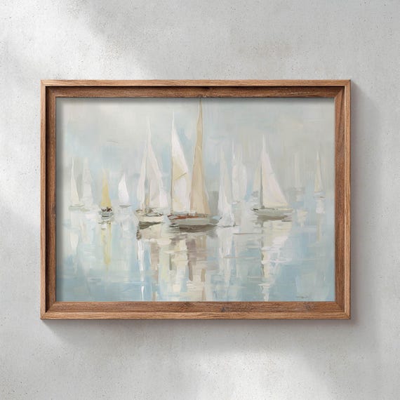 Printed Sailboats Calm Water Coastal Landscape Painting Muted Nautical Wall Art Serene Waterscape Decor Vintage Beach House P447