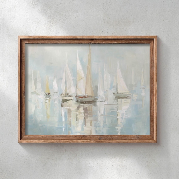White Sailboats on Calm Water Soft Blue Nautical Painting Poster