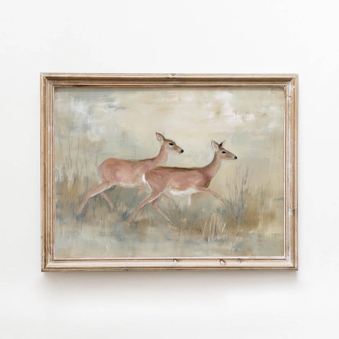 Deer Leaping Meadow Soft Neutral Vintage Wildlife Painting Wall Art