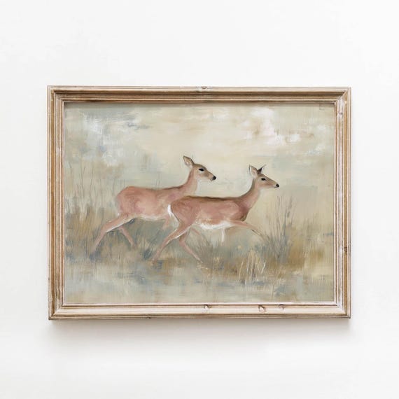 Vintage Deer Running Meadow Printable Sage Neutral Wall Art Rustic Farmhouse Decor Digital Download 521