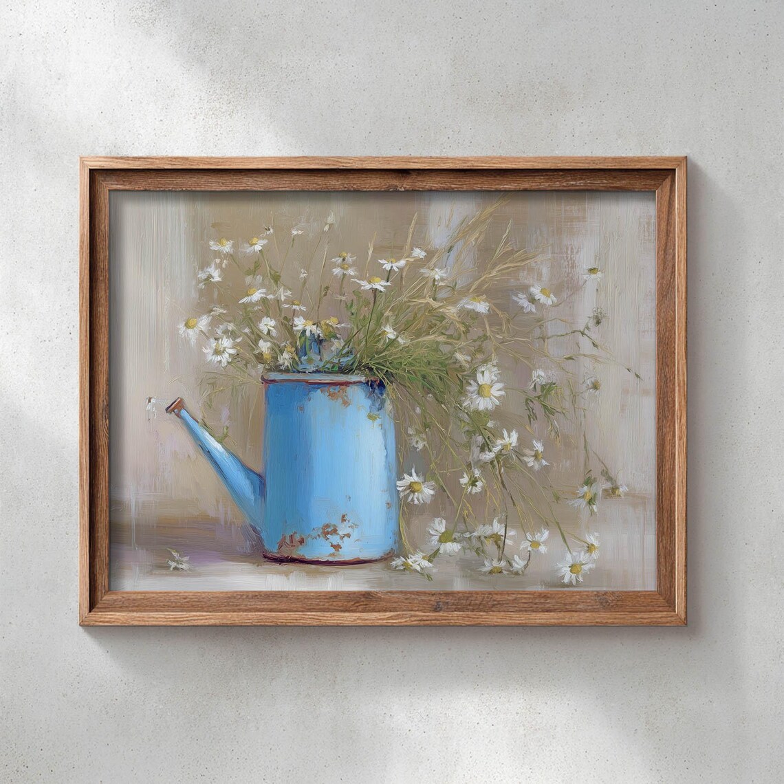 Vintage Blue Watering Can White Wildflower Daisies Poster Print