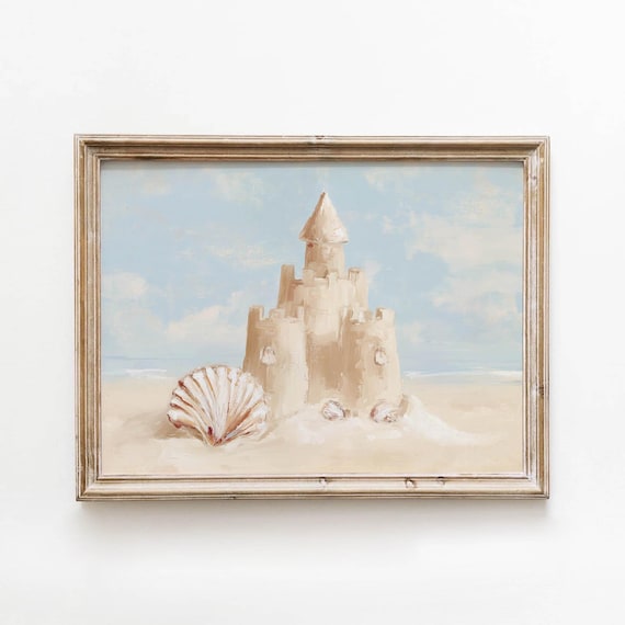 Sandcastle And Scallop Shell Soft Coastal Beach Painting Print