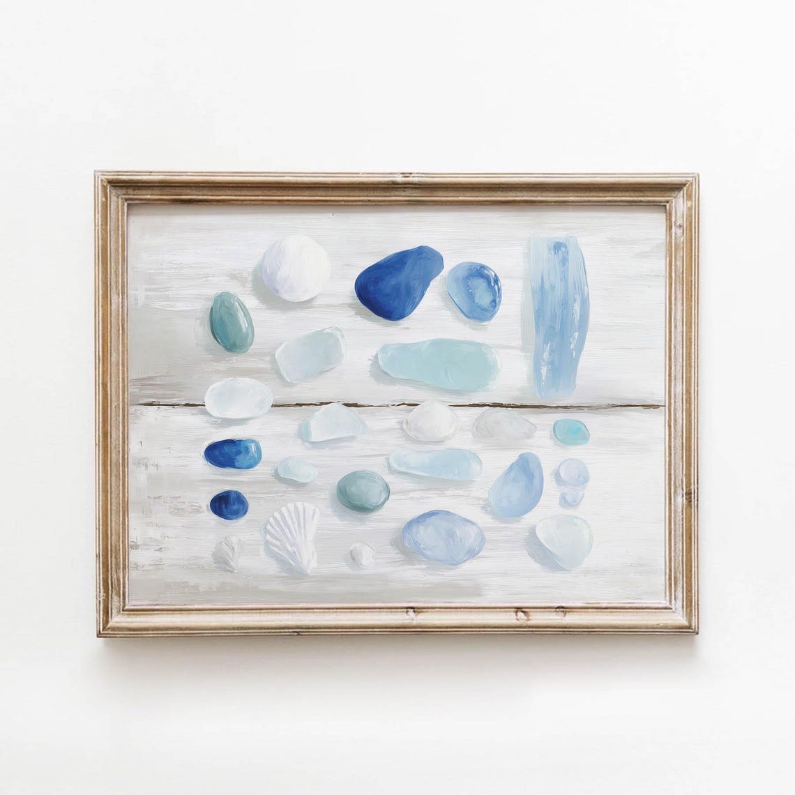 Coastal Sea Glass Stones And Shells Soft Blue Flat Lay Beach Print