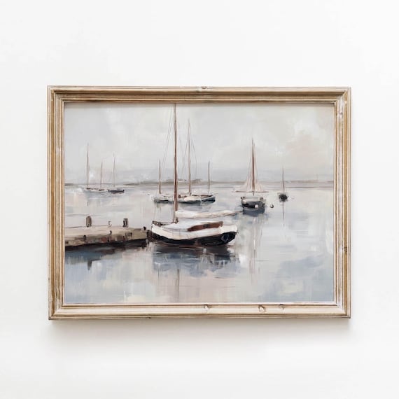 Moody Harbor Sailboats With Wooden Dock Gray Blue Seascape Painting Print