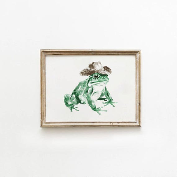 Retro Cowboy Frog Horizontal Western Wall Art Original Watercolor Illustration Southern Minimalist Decor Green Print 0026ah