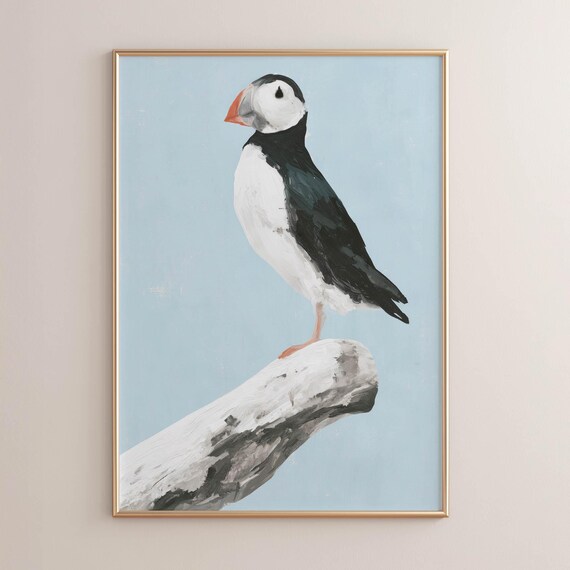 Printed Atlantic Puffin Bird Poster Coastal Wall Art Modern Nature Print Driftwood Perch Beach House Decor Seabird Illustration 0701