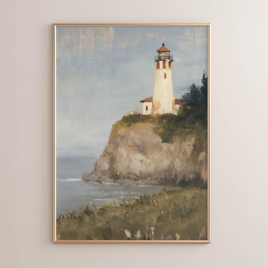 Lighthouse on Rocky Cliff Muted Coastal Oil Painting Nautical Wall Art