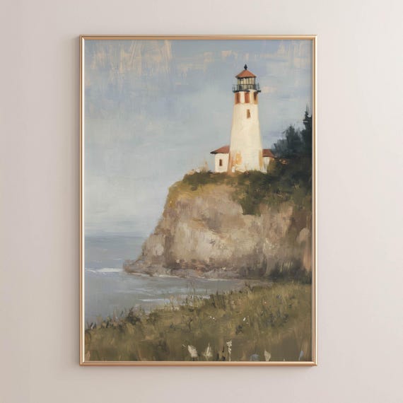 Moody Coastal Lighthouse Print Poster Vintage Impressionist Landscape Art Muted Blue And Gray Ocean Scene Cottagecore Wall Decor P086