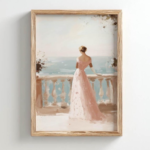 Elegant Lady Blush Gown Seaside Terrace Romantic Coastal Poster