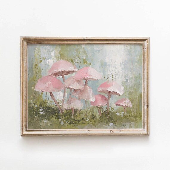 Pastel Pink Mushrooms Growing In A Misty Forest Cottagecore Poster