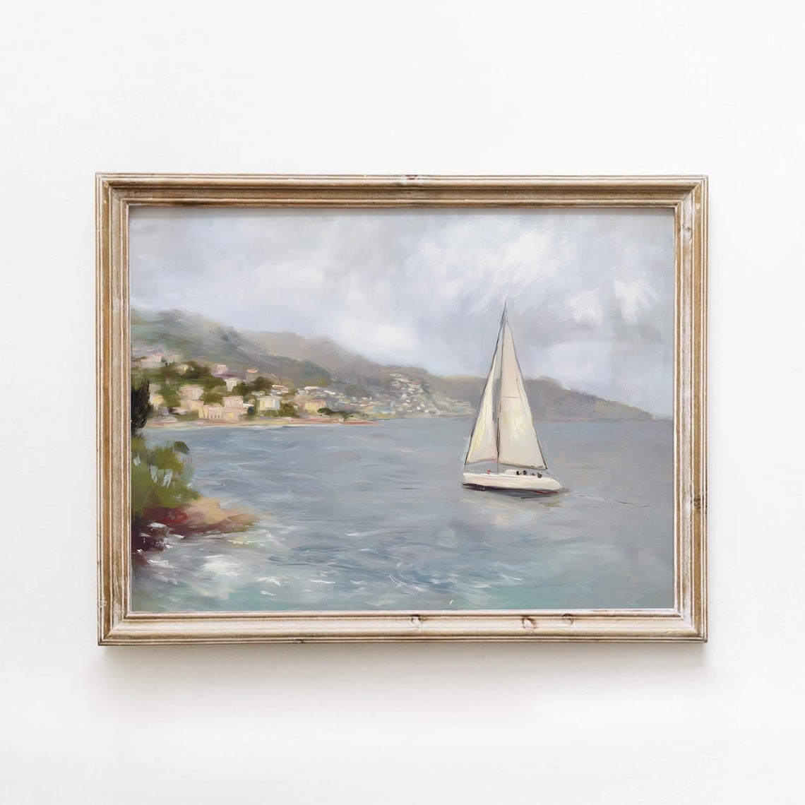 Serene Sailboat Coastal Harbor Muted Pastel Vintage Oil Painting Poster