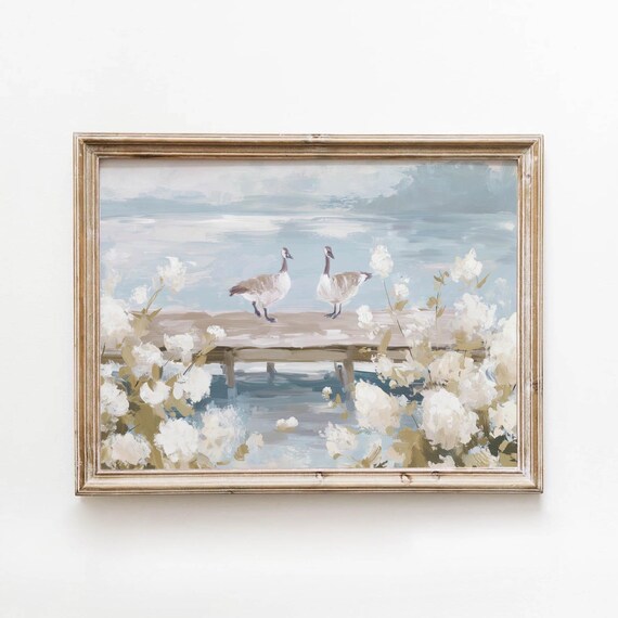 Geese On Dock Spring Flowers Printable Blue Coastal Wall Art Romantic Cottagecore Decor Neutral Lake Scene Print Digital Download 639