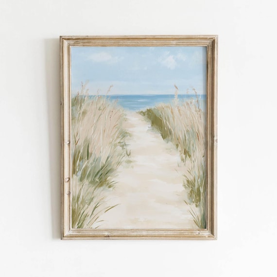 Sandy Beach Path To Ocean Coastal Landscape Art Dune Grass Muted Sage Green Vintage Seascape Printable Wall Decor Digital Download 717
