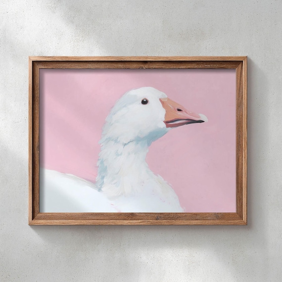 White Goose Portrait on Pink Background Playful Bird Art Print