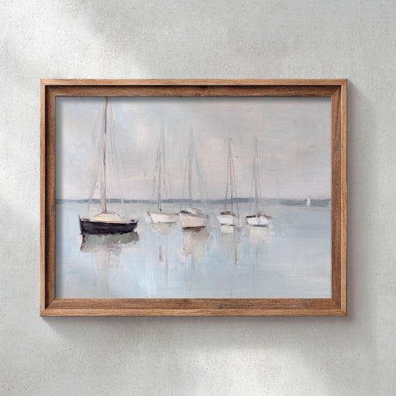 Printed Sailboats Calm Water Coastal Landscape Muted Blue Gray Vintage Nautical Wall Art Decor P450
