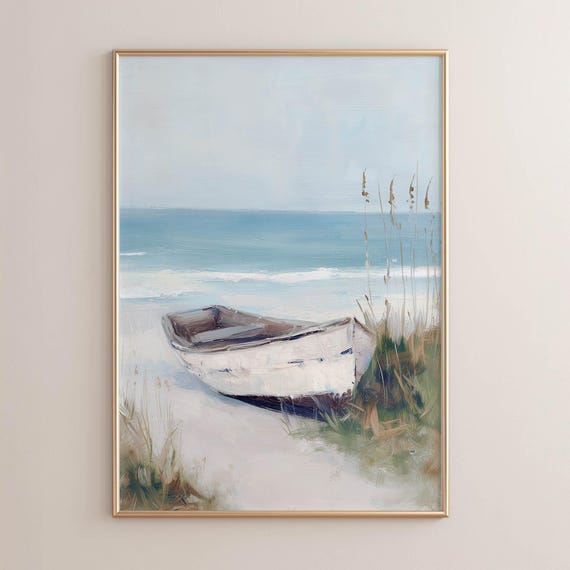 Printed Weathered Rowboat Sandy Beach Coastal Farmhouse Wall Art Serene Ocean Landscape Muted Nautical Decor P465 0465