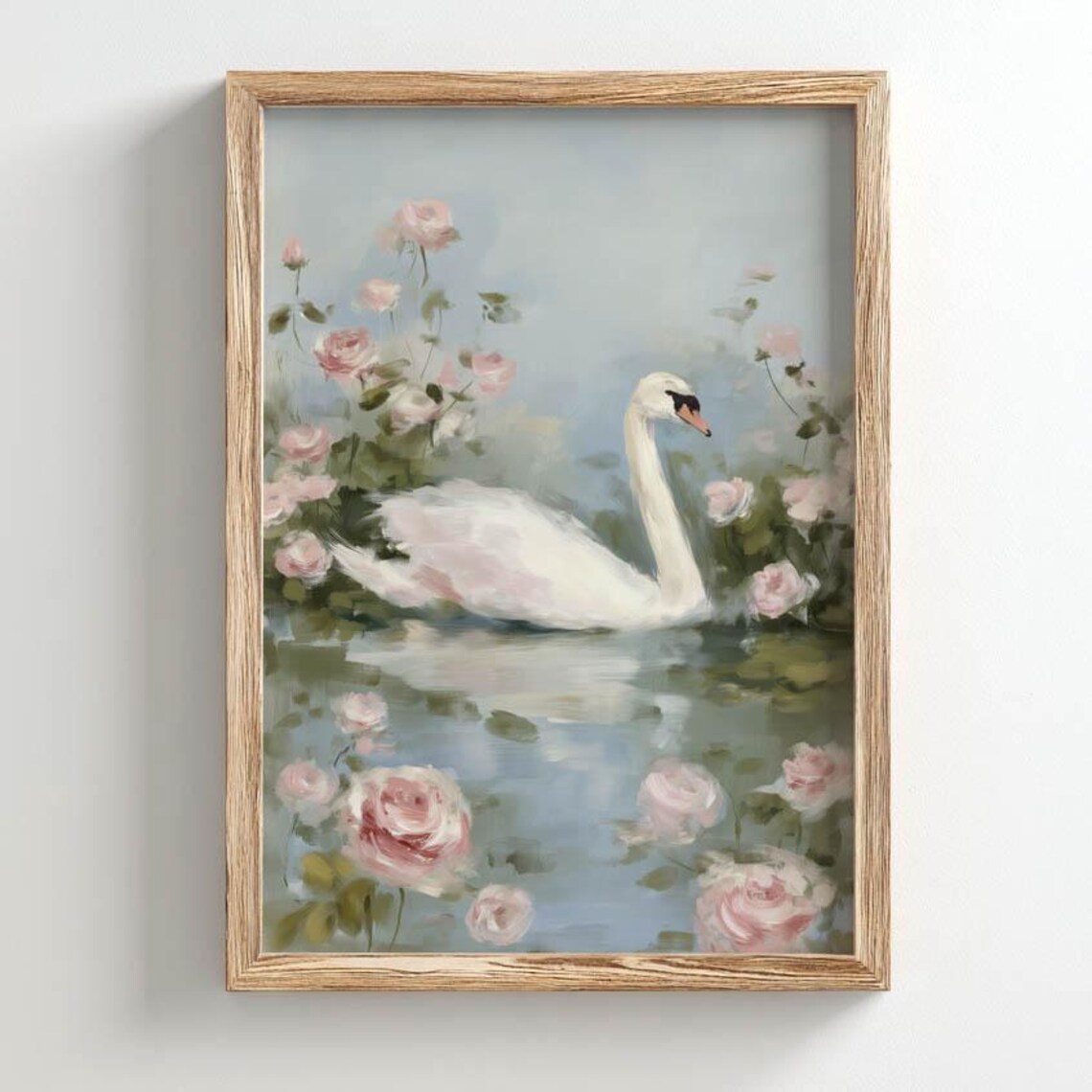 White Swan With Blush Pink Roses, Vintage Style Poster Print